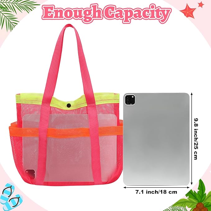 Mesh Beach Bag, Foldable Waterproof Sandproof Beach Storage Tote with 6 Pockets, Swim Tropical Vacation Pool Essential