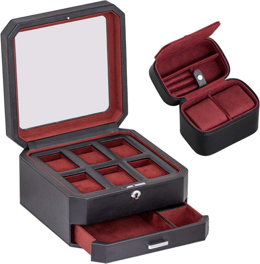 ROTHWELL Gift Set 6 Slot Leather Watch Box and 2 Watch Travel Case - Luxury Case Organizer, Microsuede Liner, Locking Mens Jewelry Watches Holder, Storage Boxes Glass Top (Black/Red Gift Set)