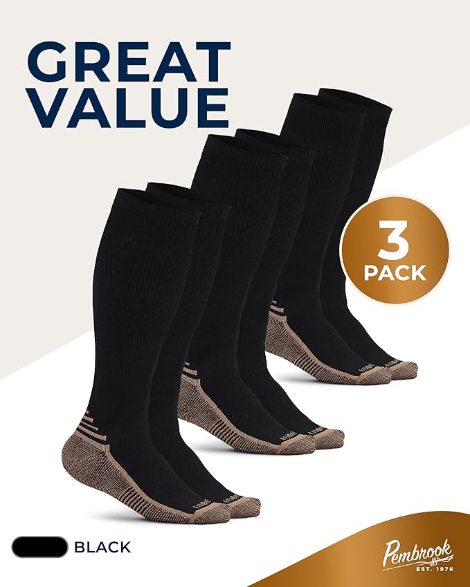 Pembrook 3 Pairs Copper Mens Compression Socks 20-30 mmHg, Running, Hiking, Athletic Cycling, Travel | Circulation Support