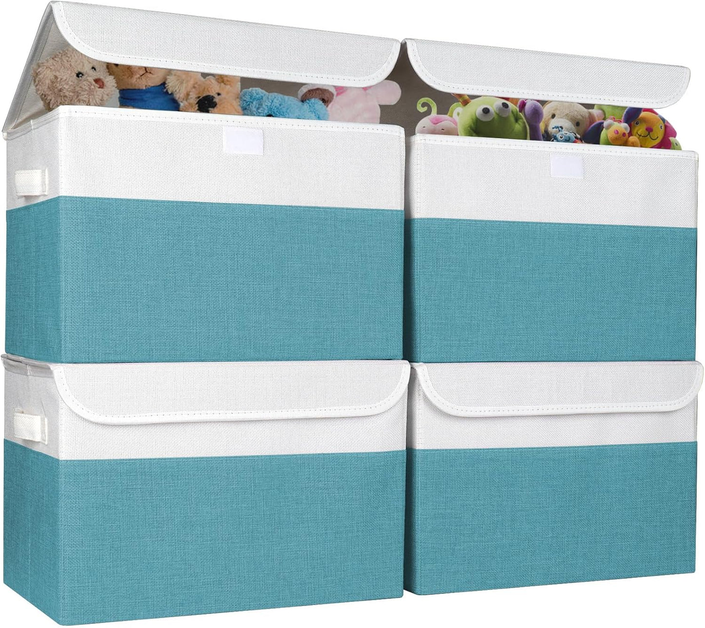 Large 22 Quart Linen Fabric Foldable Storage Bin Cube Organizer Basket with Flip-Top Lid & Handles, Clothes Blanket Box for Home, Office, Closet, Teal & White, 4 Pack 14.6 x 9.5 x 9.5
