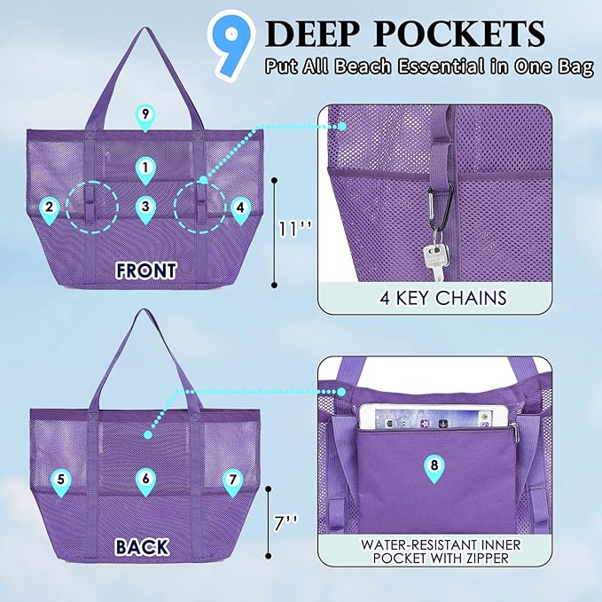 Mesh Beach Bag, Large Beach Tote with Zipper Pocket, Toys Pool Bag for Family Travel Vacation Cruise Essentials