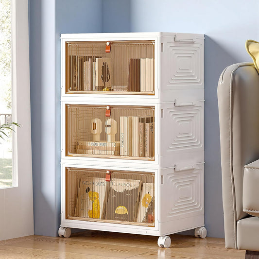 VECELO 3 Tier Stackable Storage Boxes with Magnetic Doors & Wheels, Foldable Storage Containers, 23 QT Closet Organizers for Living Room, Office, Dorm