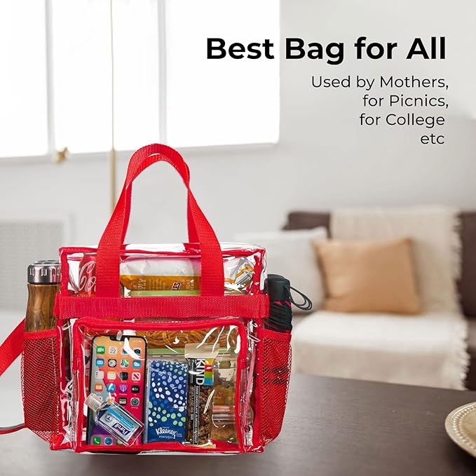 SP HOME GOODS Stadium Approved Clear lunch Bag (Red) with Adjustable Strap, Front Storage Compartment, and Mesh Pockets…