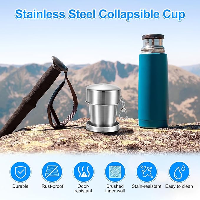 2 Pack Stainless Steel Collapsible Travel Cup, 2.4/5oz Reusable Collapsible Metal Cup Portable Foldable Water Bottle with Lid and Keychain for Travel/Camping/Hiking