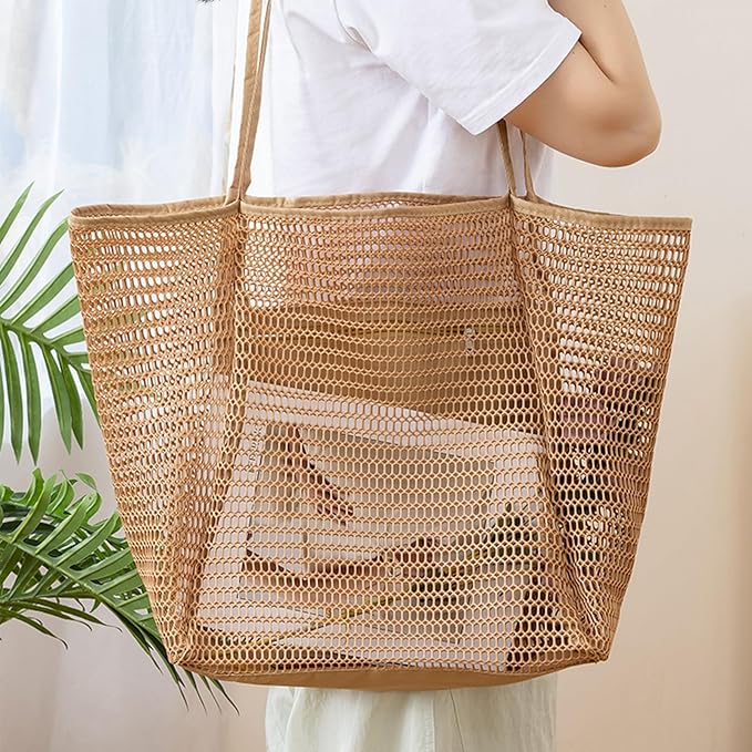 Large Beach Bags for Women, Mesh Beach Tote with Zipper, Foldable Pool Tote Bag Travel Beachbag Waterproof Sandproof