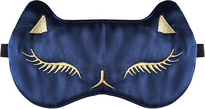 Cute Cat Silk Sleep Mask Adjustable Eye Masks Sleeping Mask Eye Cover Soft Satin Blindfold for Girls Women Men Travel Nap - Navy Blue