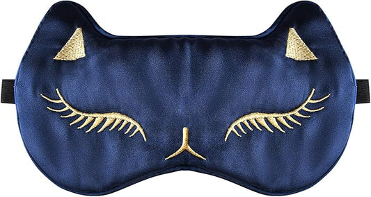 Cute Cat Silk Sleep Mask Adjustable Eye Masks Sleeping Mask Eye Cover Soft Satin Blindfold for Girls Women Men Travel Nap - Navy Blue