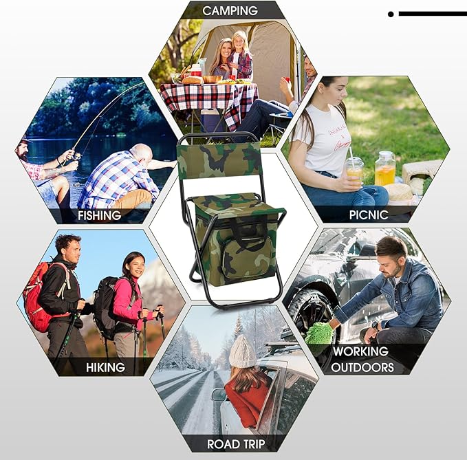 Jerify 2 Pcs Fishing Chair with Cooler Bag Multi-Function Foldable Compact Fishing Stool Hunting Chair Portable Backrest Stool with Folding Backpack for Finishing Camping Hunting Travel(Camo Color)