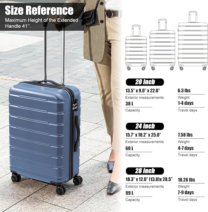 Coolife Luggage Suitcase Carry-on Spinner TSA Lock USB Port Expandable (only 28’’) Lightweight Hardside Luggage (Ice Blue, L(28in))