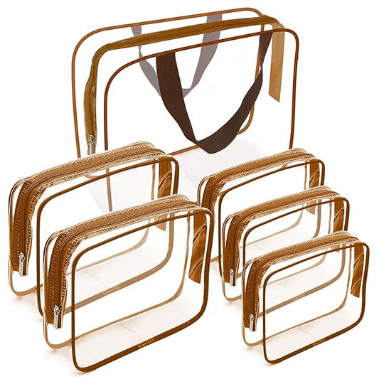 APREUTY Clear Makeup Bags, TSA Approved 6Pcs Cosmetic Makeup Bags Set Clear PVC w/Zipper Handle Portable Travel Luggage Pouch Airport Airline Bags Bathroom (Coffee)
