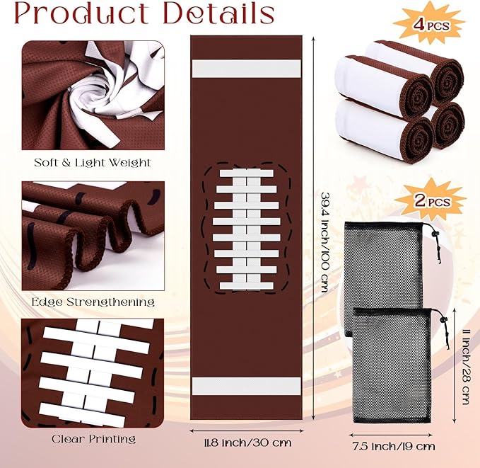 YLOLUL 4 Pcs Football Towels Soccer Chilly Towel for Neck and Face 40"x12" Cooling Ice Towel with Bags for Baseball Basketball Sport Team Gift Party Favors