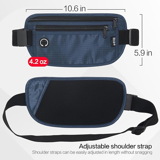 Slim RFID Blocking Money Belt for Travel - Anti-Theft Hidden Passport Holder Waist Wallet with Secure Pouch for Cash, Credit Cards & Phone Safe (Navy Blue)