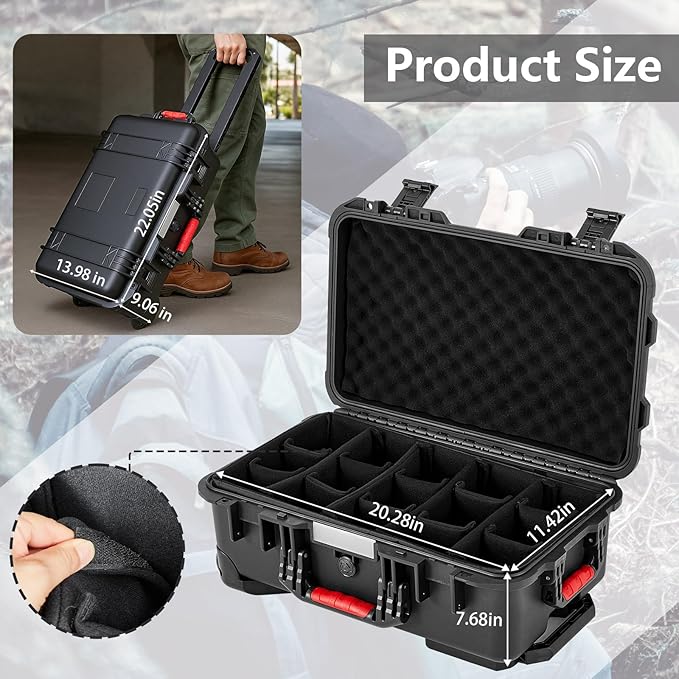 Waterproof Rolling Camera Hard Case 22x14x9 Inch, Impact-resistant Travel Case with Padded Dividers & Wheels for Cameras, Lenses & Accessories(Black)