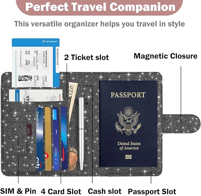 HOTCOOL Passport Holder Travel Essentials Airplane & Cruise Essentials Ship Leather Wallet Cover Case RFID Blocking Women & Men Vacation Travel Accessories Gifts Deals, Glitter - Black