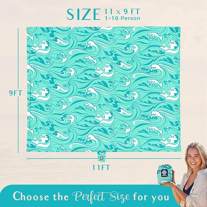 WEKAPO Beach Blanket Waterproof Sandproof Oversized Extra Large Sand Free Beach Mat with Stakes, Storage Bag - Essentials for Outdoor Beach, Picnic (Turquoise Ocean Waves, 11 X 9 FT (1~10 Person))