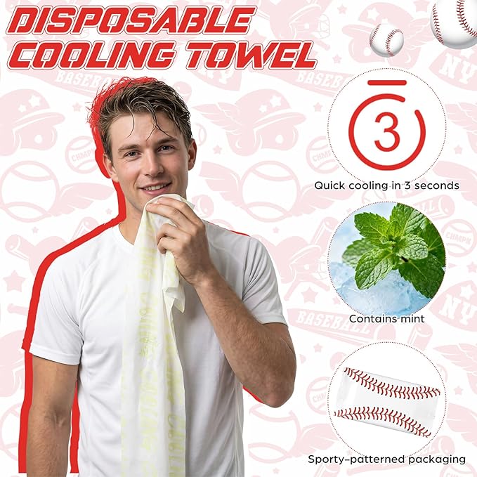 Frienda 12 Count Disposable Cooling Towel, 23.6''x 7.9'' Large Cooling Body Wipes, Baseball Basketball Softball Soccer Ice Towel for Hot Weather, Individually Wrapped for Sport Player (Baseball)