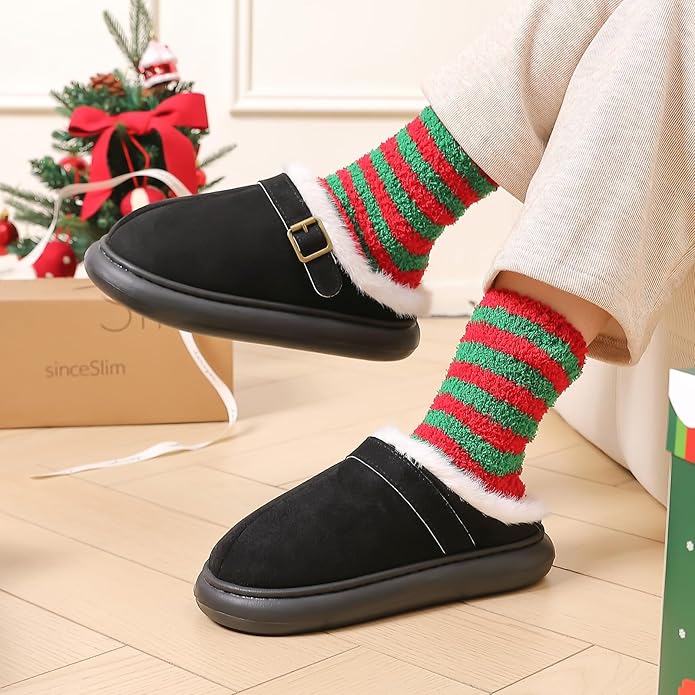 Close Toe Slip On Cotton Slippers with Breathable Faux Fur Memory Foam House Slippers for Women Warm Fuzzy Indoor Slippers with Non-Slip Rubber Sole