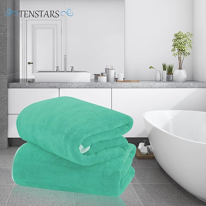 TENSTARS Silk Hemming Bath Towels for Bathroom Clearance - 27 x 55 inches - Light Thin Quick Drying - Soft Microfiber Absorbent Towel for Bath Fitness, Sports, Yoga, Travel, Gym - 2 Pack, Aqua Green