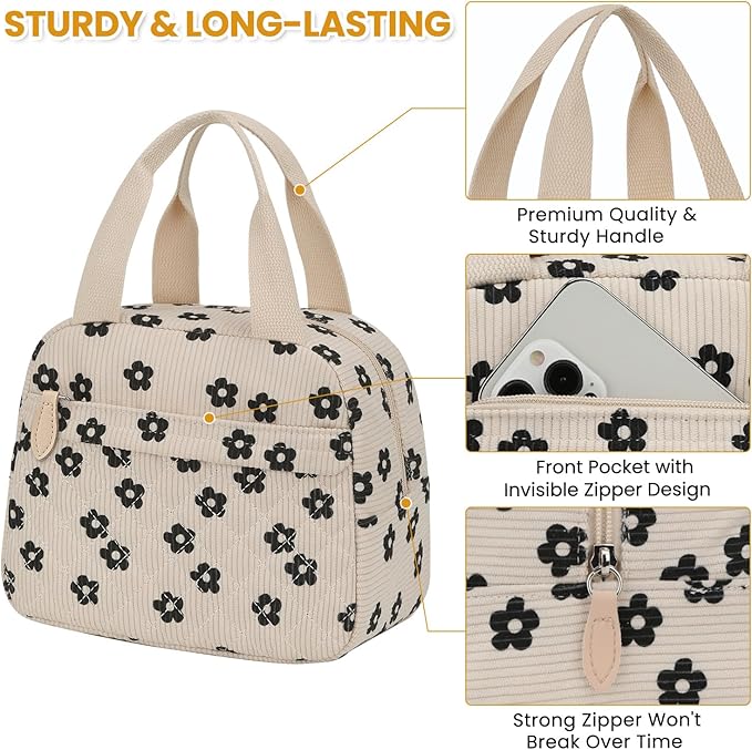 Insulated Lunch Bag for Women, Portable Lightweight Lunch Box for Adults, Reusable Small Lunch Tote Cooler Bags with Front Zipper Pocket for Work School Picnic(Corduroy Floral)