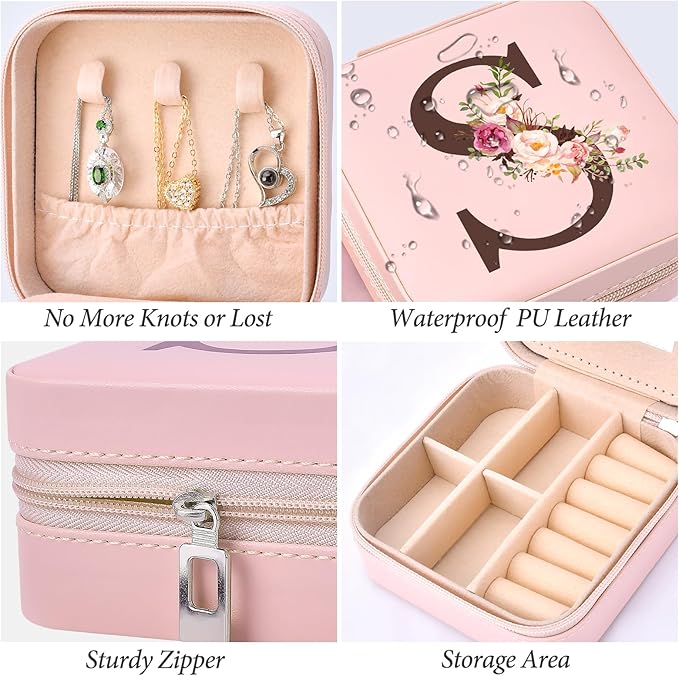 Travel Jewelry Case Box Organizer, Personalized Gifts for Women Wife Mom Aunt, Mothers Day Mom Gifts from Daughter Son, Bridal Shower Giftware for Women, Bridesmaid Proposal Unique Presents, Initial S
