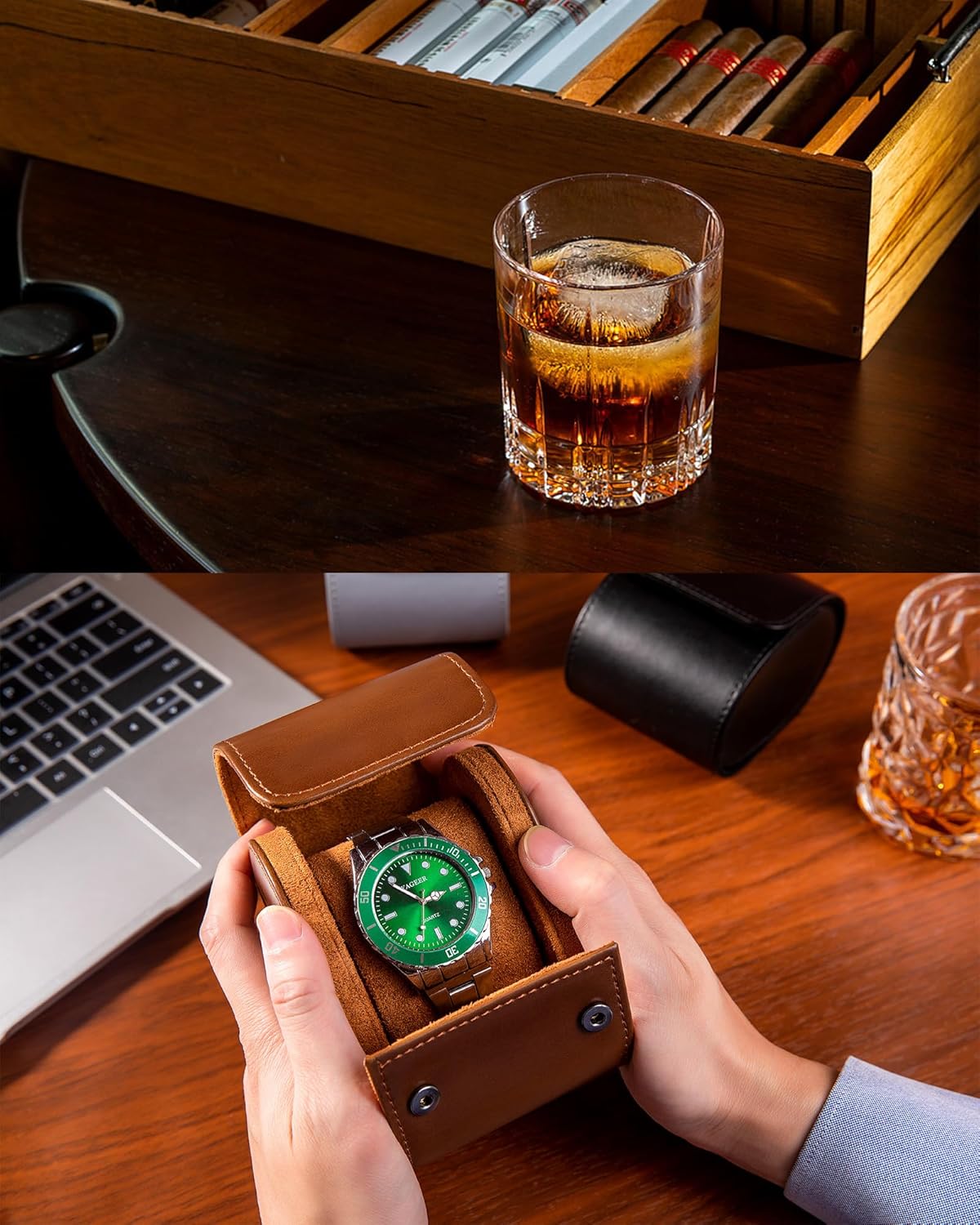 MR.OKAY Single Watch Travel Case-Classic Leather Watch Case With Superb Texture.Portable Watch Roll Or Organizer For Storage And Display.Travel Gift for Men,All Handmade By Leather Craftsmen.