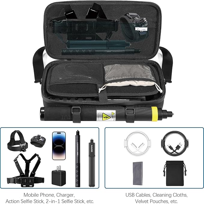 AMAZEAR Carrying Case for Insta360 X5 Accessories, Insta 360 X5 X4 Air Action Camera Waterproof Travel Carry Bag with Shoulder Strap, Compatible with 3M 9.8ft 2-in-1 Selfie Stick Tripod, Pure Black