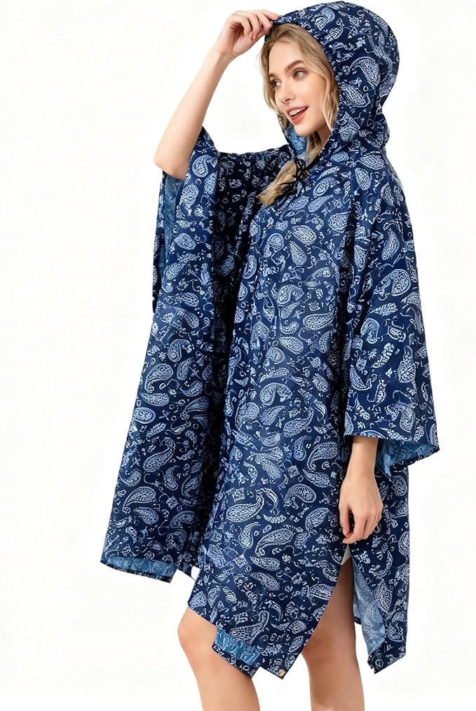 Hooded Rain Poncho for Adults - Waterproof Rain Coat and Lightweight Jacket 3-in-1 Multi-Function with Pockets