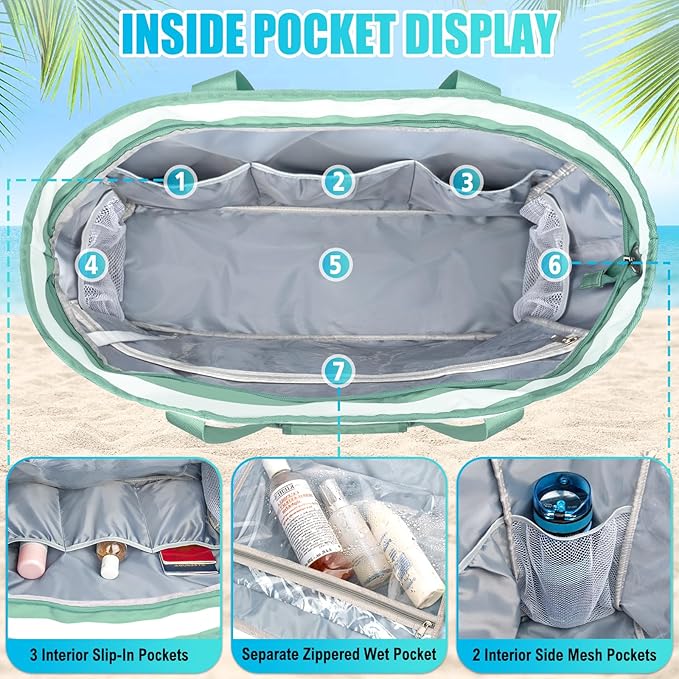 Extra Large Beach Bags for Women, Waterproof Sandproof Beach Tote Bag Foldable Swim Pool Bag with Zipper and Wet Pocket