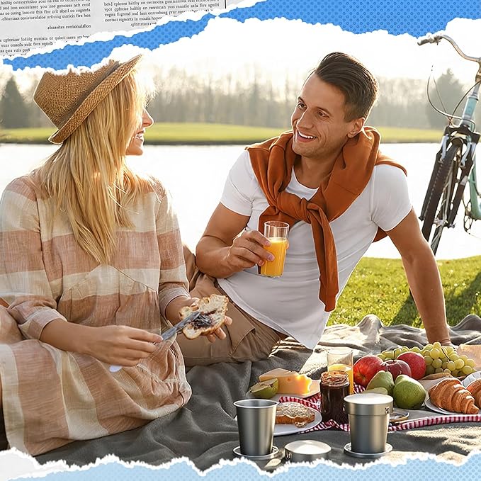 2 Pack 304 Stainless Steel Collapsible Cup 16 oz Folding Travel Cup with Lid and Keychain, Reusable Packable Camp Mug for Camping, Hiking, Picnic, Travel & Everyday Use