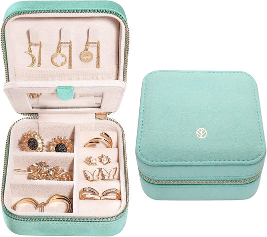 S.Leaf Travel Jewelry Box - Portable Case for Women - Suede Touch Mint Green