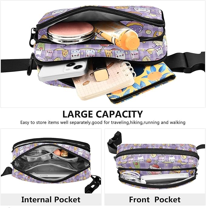Kawaii Cat Bear Milk Cake Plaid Fanny Pack for Women Men Water Resistant Fashion Waist Packs with Adjustable Strap Belt Bag for Travel Workout Jogging Hiking 21219474