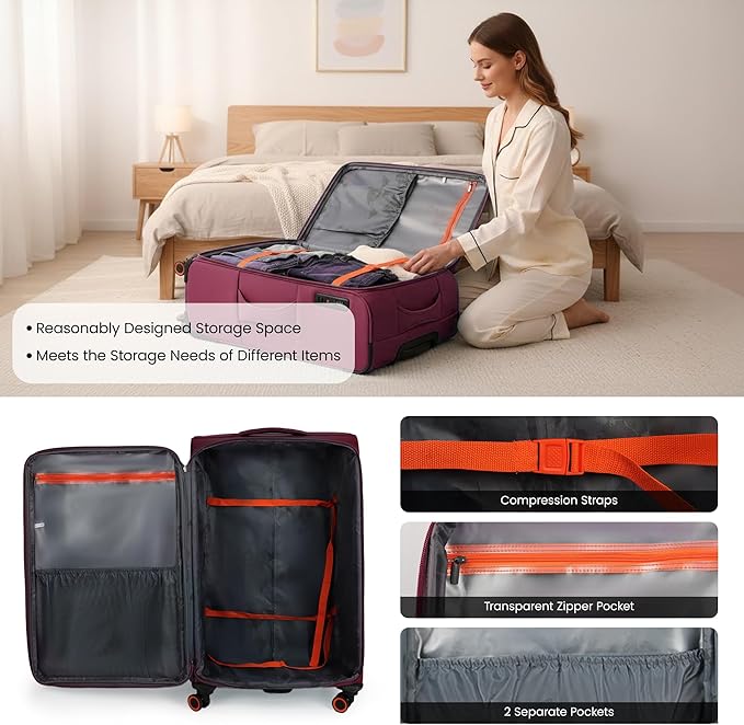3-Piece Softside Expandable 20% Luggage Set with Front Open Pocket,Softside Suitcases w/Spinner Wheels,Lightweight Durable Rolling Luggage w/TSA LOCK（Burgundy,22in/28in/32in）