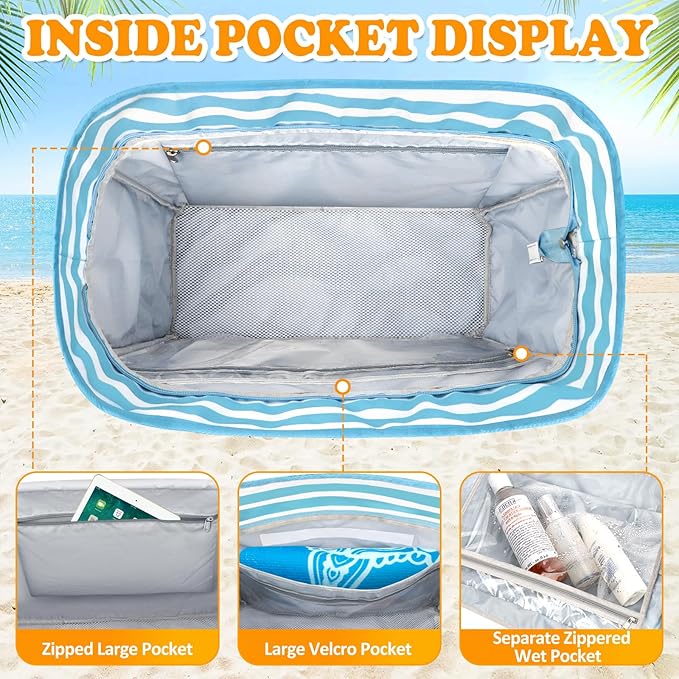 Large Beach Bag with Zipper, 12 Pockets Waterproof Sandproof Pool Bag Womens Mesh Beach Tote Bag for Travel Vacation