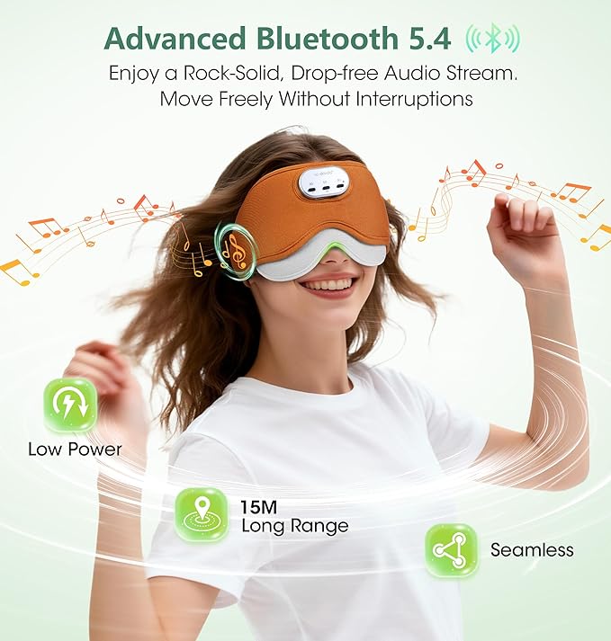 LC-dolida Voice Control Bluetooth Sleep Mask, Bamboo Cotton Bluetooth Sleep Headphones with 3D Zero-Pressure Cups and Timer Setting, Total Blackout Sleep Eye Mask for Side Sleepers, Orange