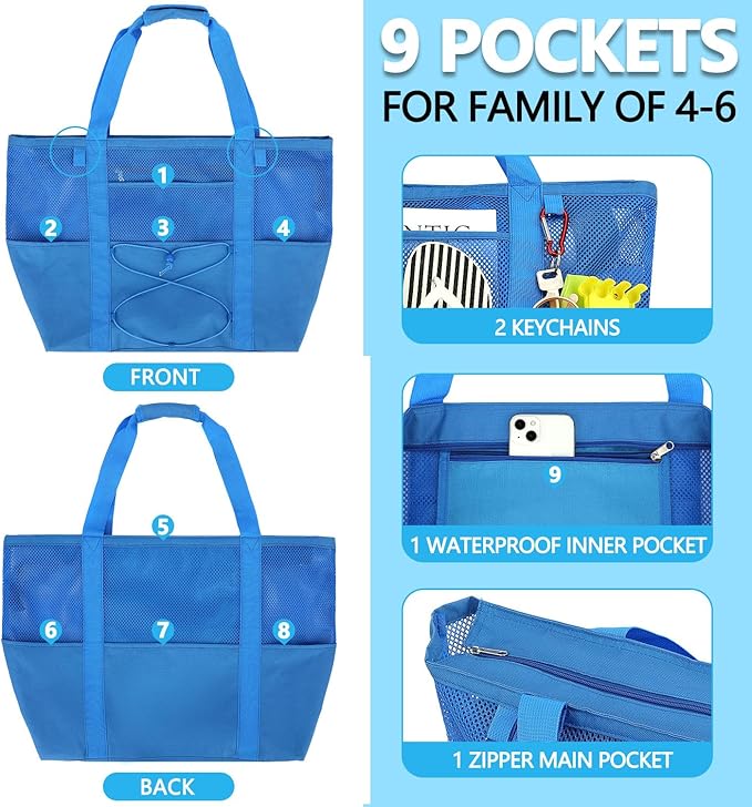 Mesh Beach Bag, Large Beach Tote with Zipper Pocket, Toys Pool Bag for Family Travel Vacation Cruise Essentials