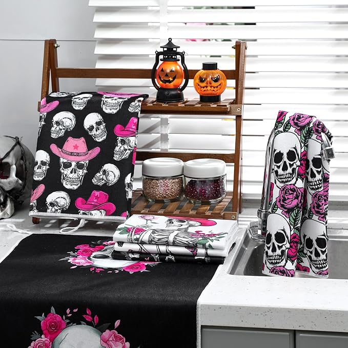 Bencailor 6 Pcs Valentines Day Skull Kitchen Towels Gothic Valentines Dish Hand Towels Skeleton Pink Red Rose Tea Washcloth for Lover Gifts Bathroom Kitchen Decor 24 x 16 inch