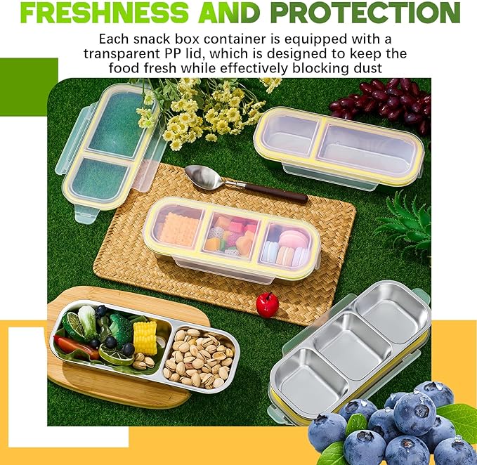 4 Pcs 304 Stainless Steel Lunch Containers Bento Boxes 38oz Salad Multipurpose with 3 and 2 Compartments Winter Party Reusable Large Box with Lids Divided Containers for Snack Dip Sandwich (Yellow)