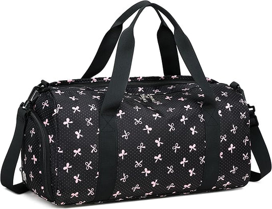 Gym Bag Sports Duffle Bag with Wet Pocket Weekender Overnight Bag with Waterproof Shoe Compartment for Girls Kids Women Travel Dance Yoga Workout Bag (Bow Pink-Black)