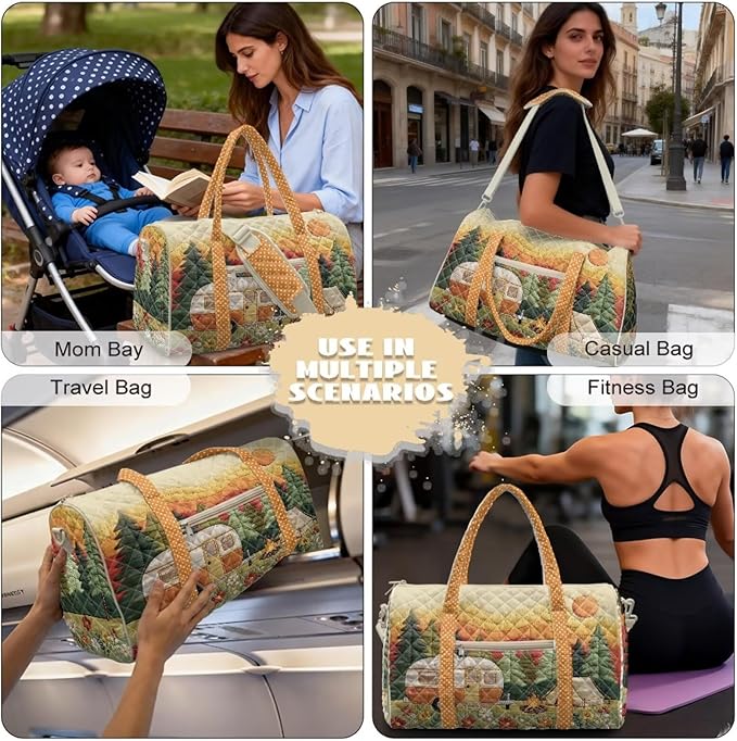 COEQINE Print Quilted Travel Duffle Bag For Women,Orange Car Camper Forest Print Quilted Tote Bag Large Car Weekend Bag with Zipper Pocket Dance Bag Organizer