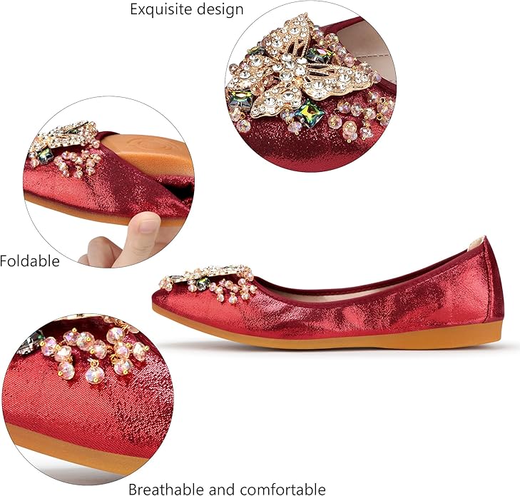 KUNWFNIX Women Ballet Flats Rhinestone Wedding Ballerina Shoes Foldable Sparkly Comfort Slip on Flat Shoes