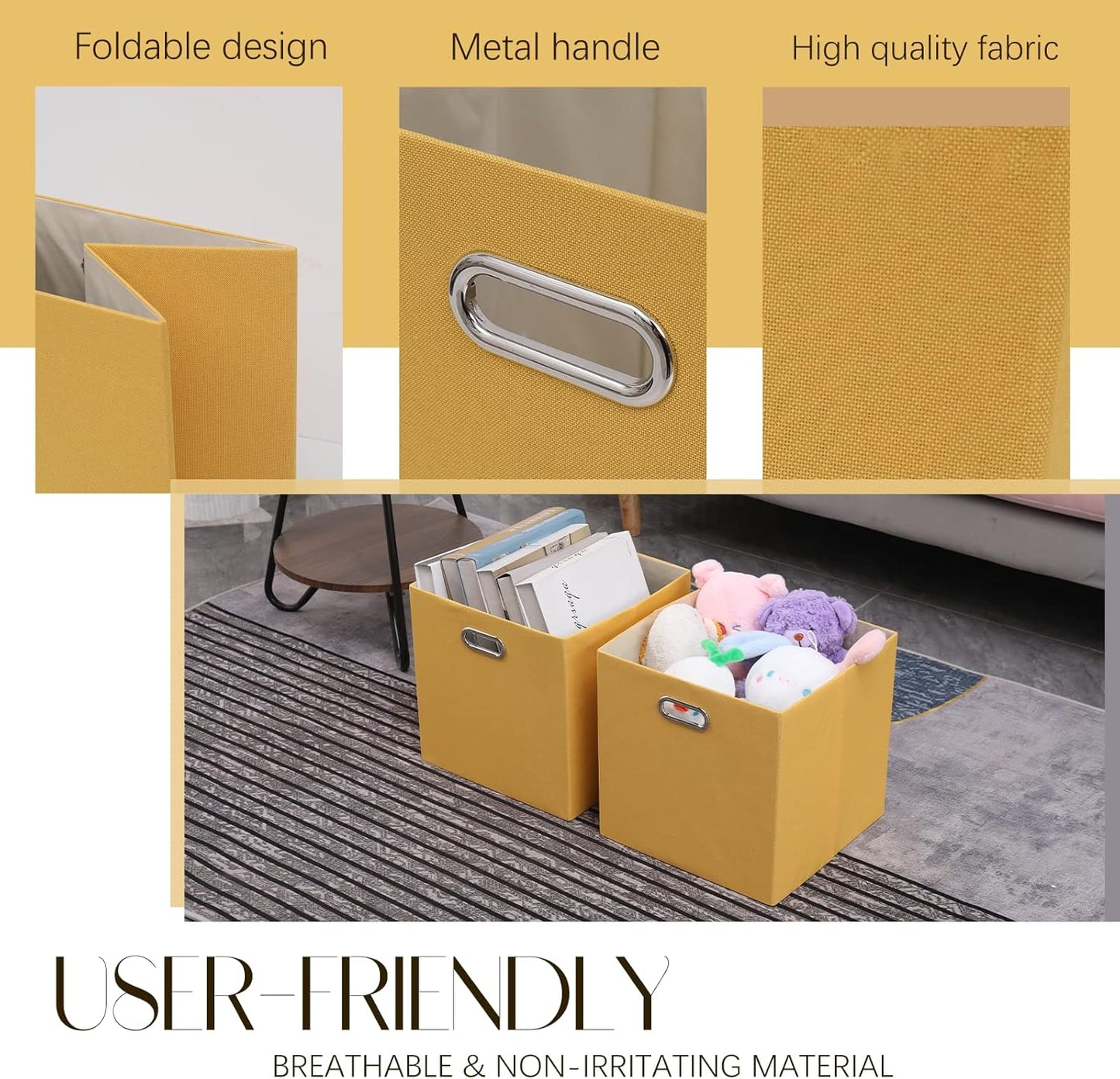 Cube Storage Bins 13×13x13 Inch, 4 Pack Collapsible Linen Fabric Storage Cubes with Handles, Thick Heavy Duty Storage Baskets for Shelves Kallax Bedroom Dormitory Toy Clothes, Yellow