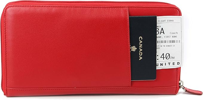 Zip-Around Passport Wallet Executive Unisex Leather Boarding Pass Holder (Red)