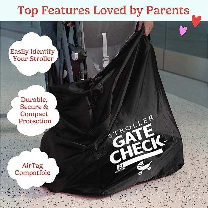 J.L. Childress Gate Check Bag for Single & Some Double Strollers - Travel Bag for Airplane, Fits Most Standard Baby Strollers, Airport Accessories Gate Check, Flying Essentials - Black