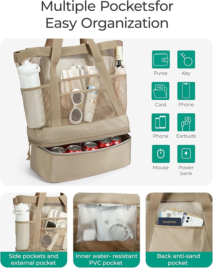 BAGSMART Beach Bag for Women, Mesh Tote Bags with Zipper, Sandproof Vacation Essentials with Cooler for Swim Cruise Pool