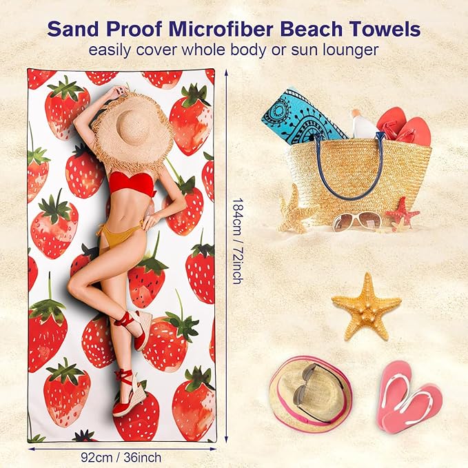 Strawberries Pattern Beach Towel Extra Large 36" x 72", Thin Lightweight Microfiber Towels with Fruit Design, Sand Free and Quick Dry, Compact Bag