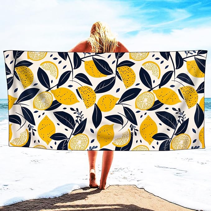 Lemons Pattern Beach Towel Extra Large 36" x 72", Thin Lightweight Microfiber Towels with Fruit Design, Sand Free and Quick Dry, Compact Bag