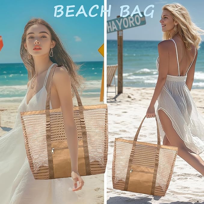 Mesh Beach Bags for Women with Zipper Foldable Hobo Tote Bag Vacation Shoulder Bags for Swimming Pools