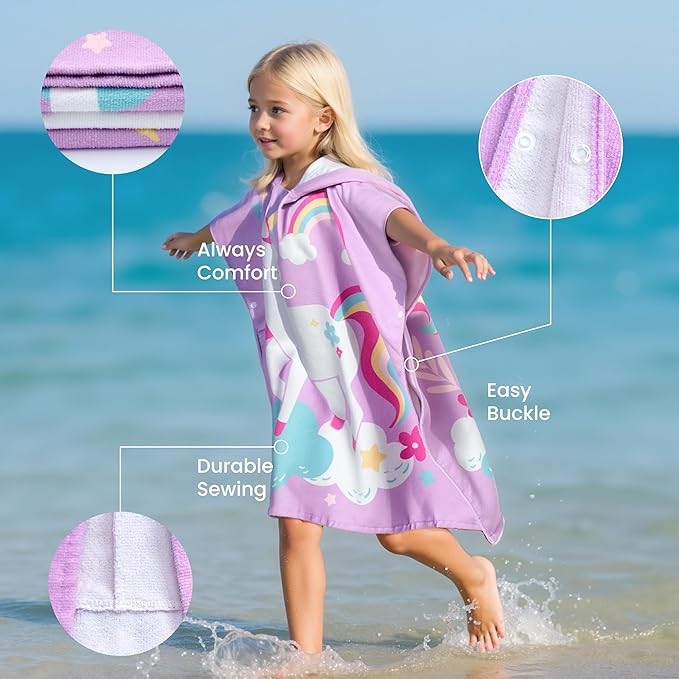 Joiedomi Kids Beach Towels with Hood for Girls Purple Unicorn Hooded Toddler Bath Towel Quick Dry Soft Microfiber 30"x30"