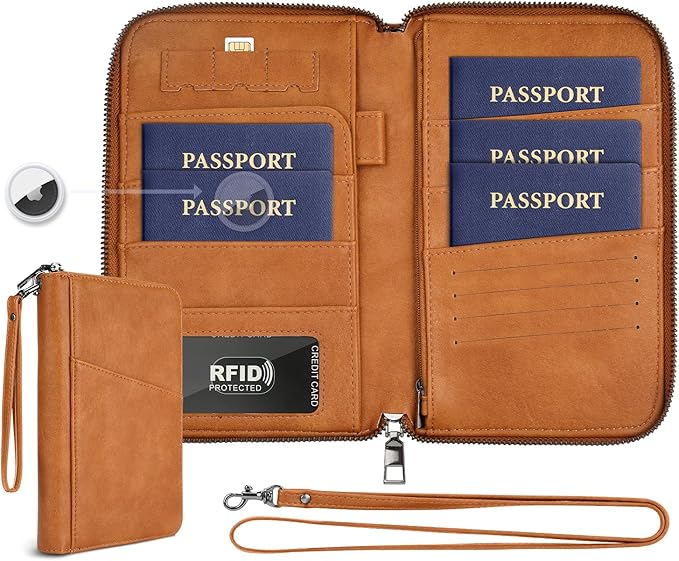 Family Passport Holder Wallet RFID Travel Document Organizer for Women Men, Portable Case Cover for Cards, Boarding Pass with Wrist & Neck Double Strap, Travel Christmas Gifts (Apricot, 1pack)