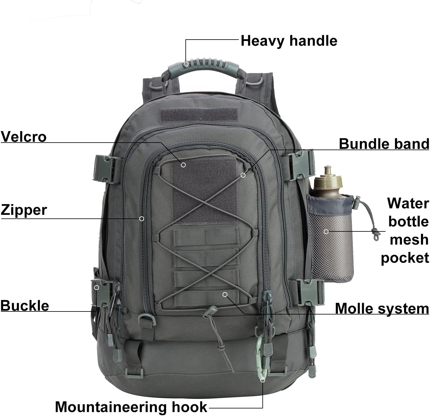 Large Tactical Backpack for Men Military Backpack with DIY System for Travel, Work,Camping,Hunting,Hiking,Sports (GRAY)
